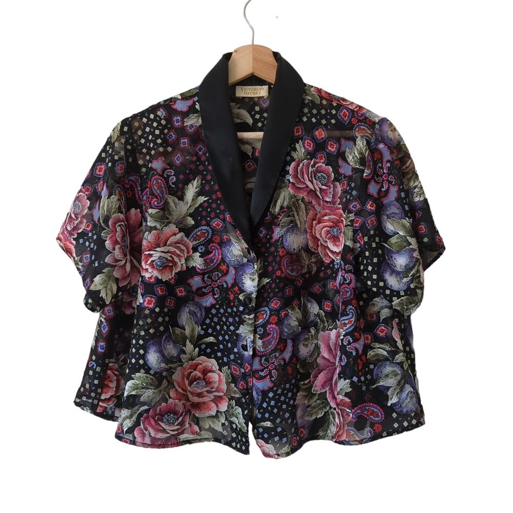 Vintage Victoria's‎ Secret Gold Label 80s Black Floral Cropped Top Pajama Small